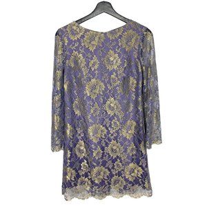 Tibi Purple Gold Lace Silk Blend Shift Long Sleeve Open Back Mini Dress Size 4